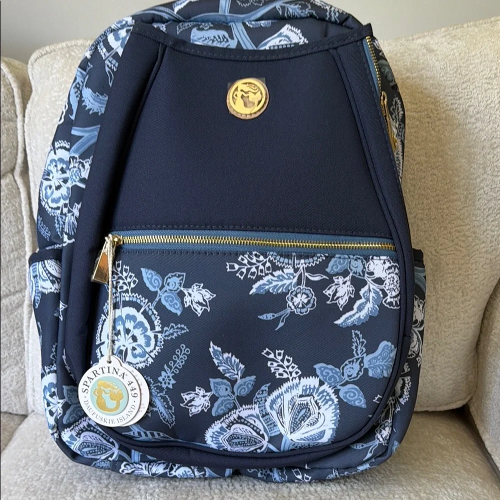 Spartina 449 Navy and Light Blue Floral Backpack with Gold Accents